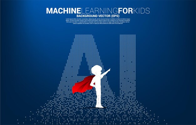 Silhouet van kind in superheldenpak met pixelvormige AI. Concept voor machine learning en kunstmatige intelligentie voor de toekomst.