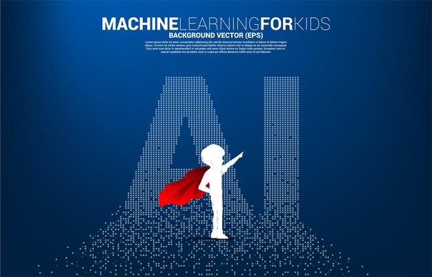 Silhouet van kind in superheldenpak met pixelvormige ai. concept voor machine learning en kunstmatige intelligentie voor de toekomst.