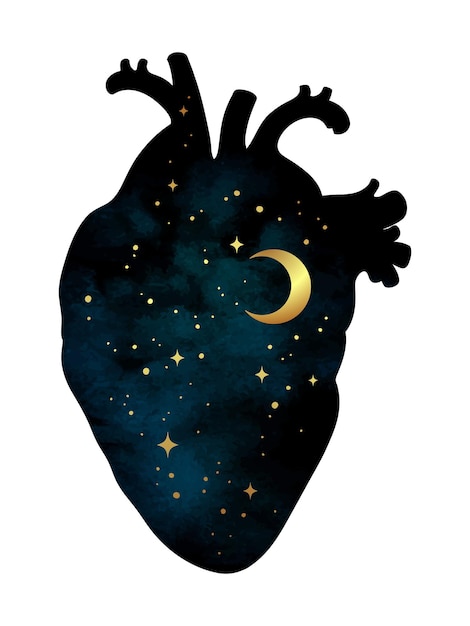 Silhouet van menselijk hart met universum binnen wassende maan en sterren Sticker print of tattoo ontwerp vectorillustratie geïsoleerd
