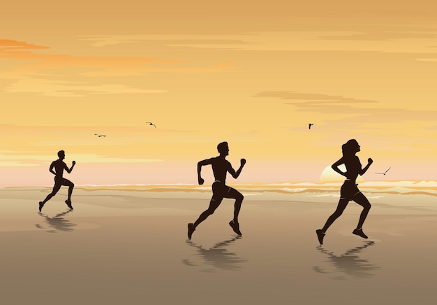 Silhouet van mensen die op het strand rennen Joggen Oefening Vectorillustratie