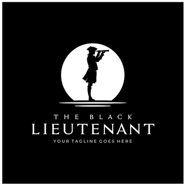 Silhouet van militaire luitenant, kapitein van de Britse marine met monoculaire telescoop Spyglass logo-ontwerp