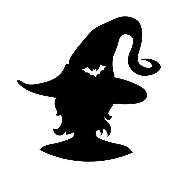 Silhouet van mooi heksenmeisje in hoed in profiel geïsoleerde vectorillustratie