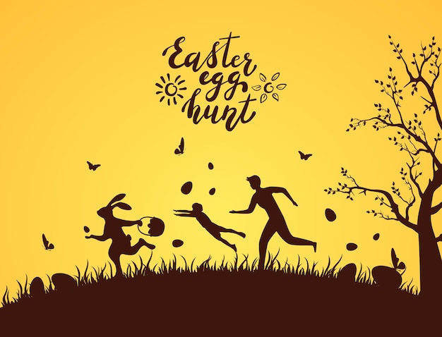 Silhouet van Pasen konijn met eieren weggelopen van mensen. Belettering Easter Egg Hunt op oranje achtergrond, afbeelding.