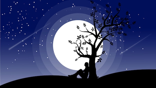 Silhouet van persoon die onder een boom met de maan erachter ligt