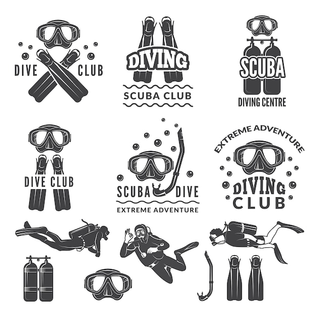 Silhouet van scuba-uitrusting en duikers. labels voor zeesportclub