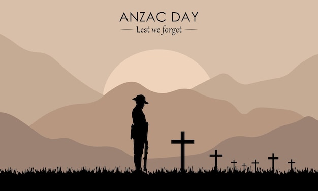 Silhouet van soldaat die respect betuigt bij het graf. tenzij we belettering vergeten. anzac dag belettering.