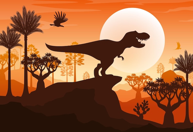 Silhouet van T-Rex op een zonsondergang in het berglandschap