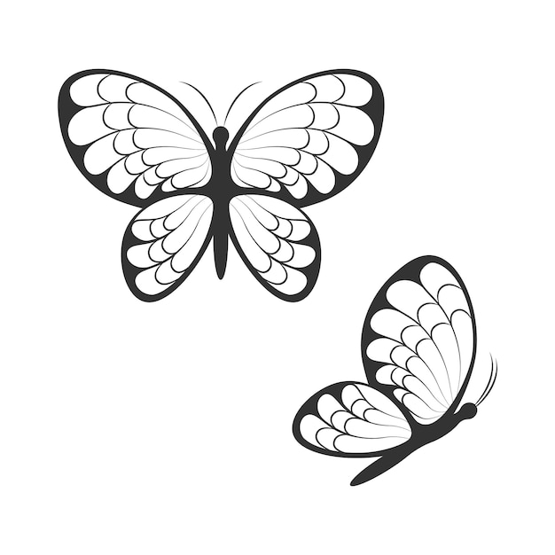 Silhouet van vlinders. Afbeelding van prachtige vlinders boven- en zijaanzicht. Een heldere mot. Vectorillustratie geïsoleerd op een witte achtergrond