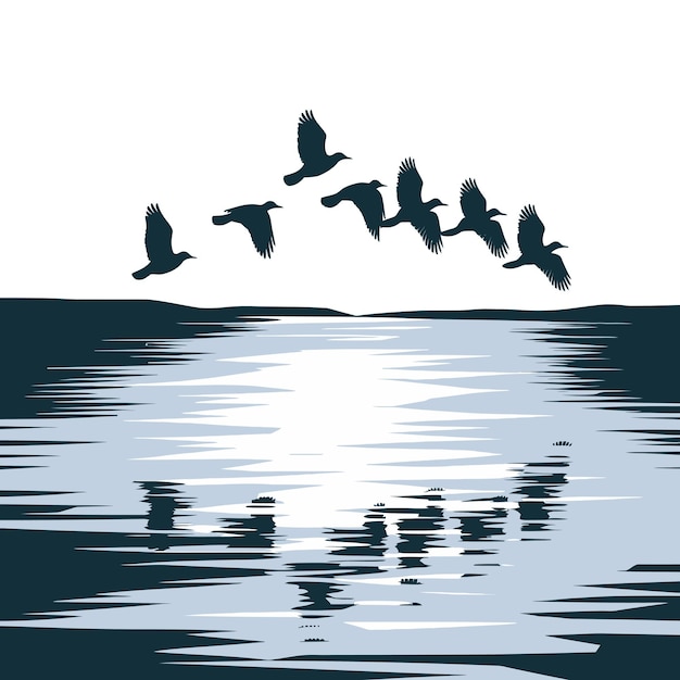 Silhouet van vogels die over een rustig meer vliegen