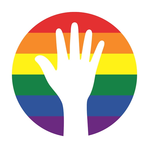 Vector silhouet van witte handen op cirkel regenboog gekleurde achtergrond lgbtqi concept