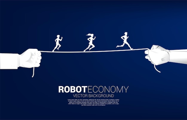 Silhouet van zakenman en zakenvrouw lopen op touw in robot en menselijke hand. concept van zakelijke uitdaging en roboteconomie.