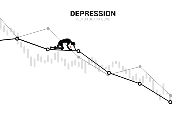 Silhouet van zakenman kruipen op neergang grafiek. concept voor depressiezaken en obstakel.