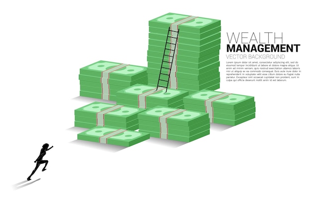 Silhouet van zakenman loopt naar stapel bankbiljetten en ladder