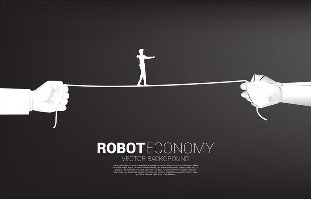 Silhouet van zakenman lopen touw in robot en menselijke hand