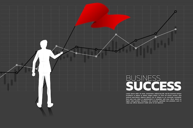 Silhouet van zakenman met de rode vlag die zich met de groeigrafiek bevindt.