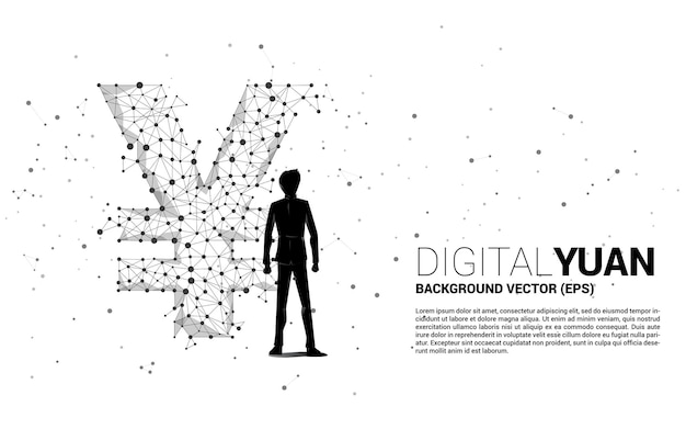 Silhouet van zakenman permanent met geld chinese yuan en japanse yen valuta icoon van polygon dot connect lijn. concept voor financiële netwerkverbinding van china en japan.