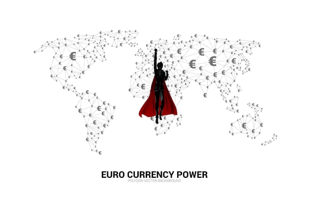 Silhouet van zakenman vliegen met wereldbol met geld euro valuta pictogram veelhoek stip verbonden lijn. concept voor de kracht van de euro valuta in de wereld.