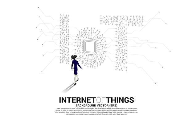 Vector silhouet van zakenvrouw lopen met cpu-processor in het midden van iot-formulering van circuit dot en lijn grafische stijl concept voor internet der dingen-technologie