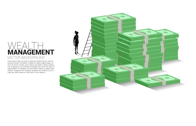 Silhouet van zakenvrouw permanent met stapel bankbiljetten en ladder. banner van succesinvesteringen en groei in het bedrijfsleven