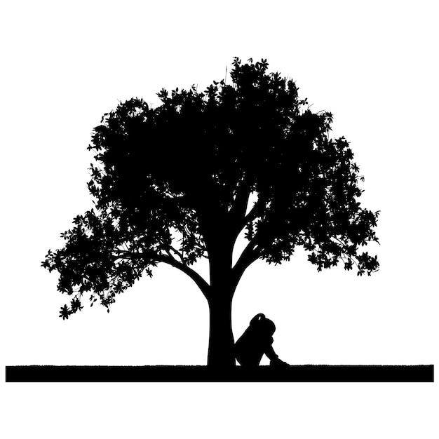Silhouet Vector van een verdrietig klein huilend meisje dat onder een boom zit Pesten op kinderen