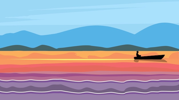 Silhouet vissers zittend op een boot bij zonsondergang. vector illustratie