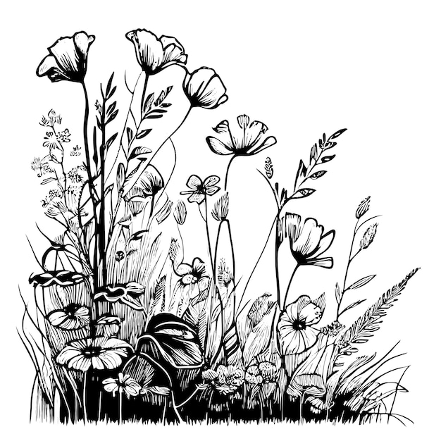 Vector silhouet wilde bloemen schets hand getrokken schets in doodle stijl