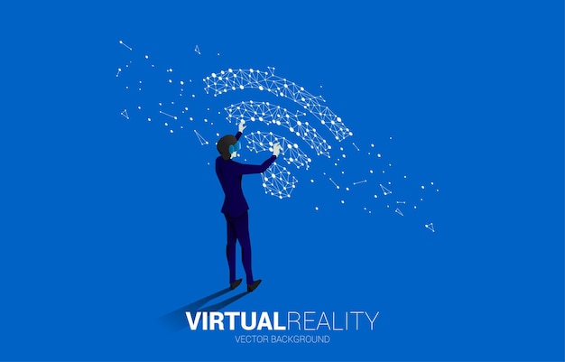 Silhouet zakenman draagt een vr-bril met punt connect lijn printplaat stijl mobiel gegevenspictogram concept van digitale virtual reality-technologie en ar