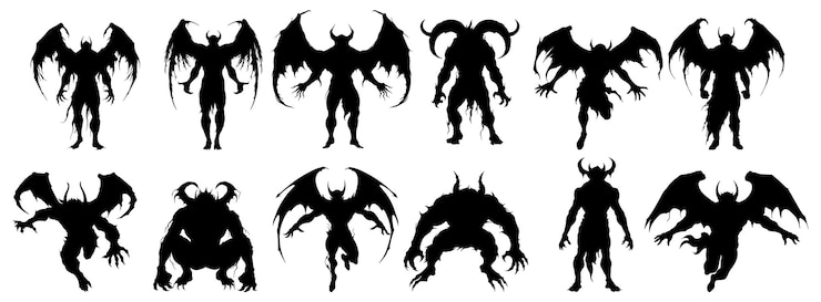Vector silhouetduivel in het menselijk lichaam mannengeest met vleermuisvleugel in verschillende houding illustratie over geest en fantasie voor halloween-thema