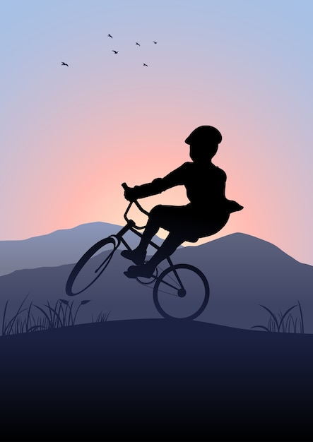 Vector silhouetillustratie van een jongen die een fiets berijdt