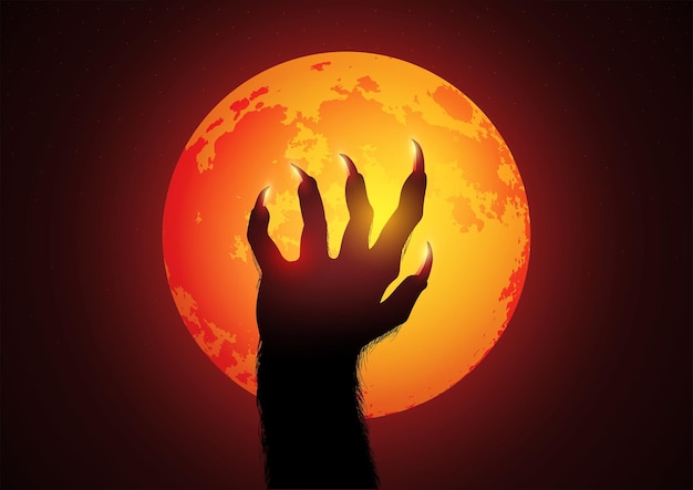 Silhouetillustratie van weerwolfhand tegen de volle maan voor Halloween of verschrikkingsthema