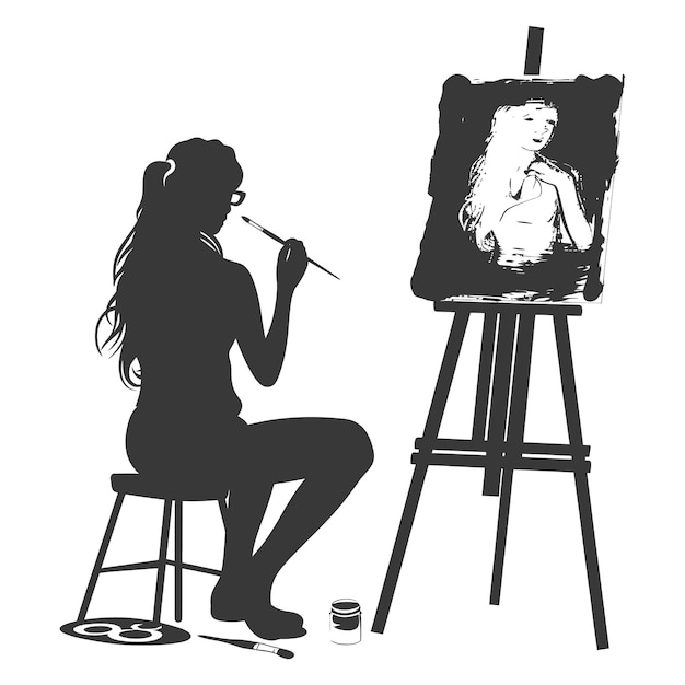 Vector silhouetkunstenaar vrouwen schilderen in actie alleen zwarte kleur