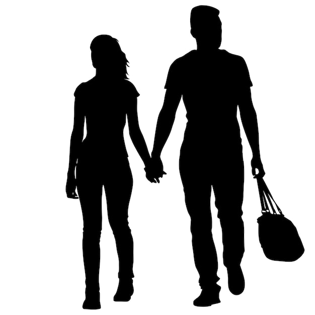 Silhouetman en vrouw die hand in hand lopen