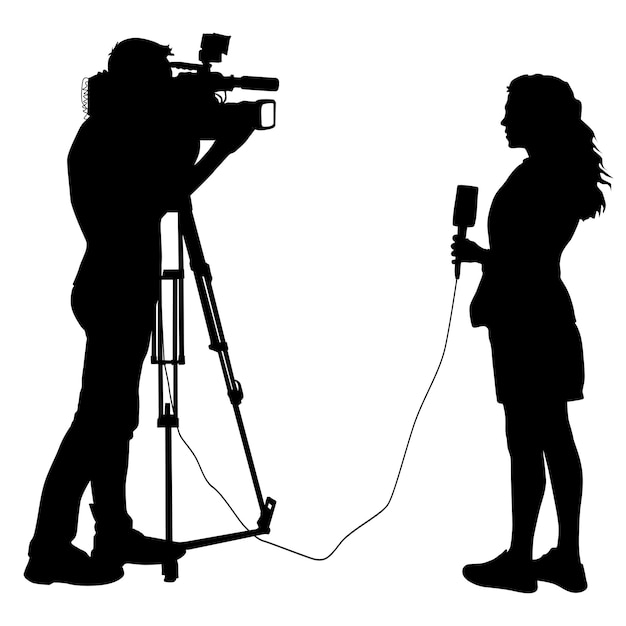 Silhouetoperator verwijdert journalist met microfoon op een witte achtergrond