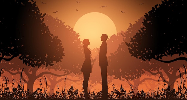 Silhouetpaar in een bos met bomen en vogels. Zonsondergang in een bos met een stel. vector illustratie