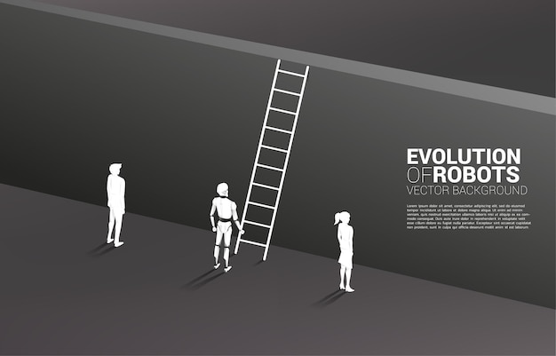 Silhouetrobot die zich met met ladder bevindt om tot muur en onderneemster en zakenman te klimmen.