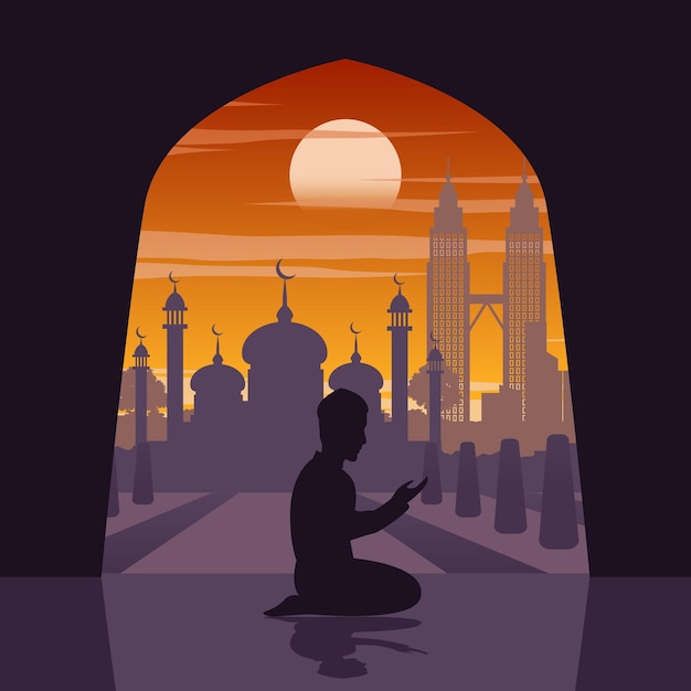 Vector silhouette of activities of people at famous landmark muslim man pray in mosque in malaysia