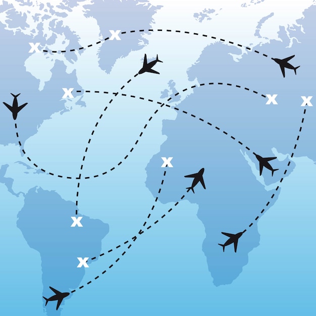 Vector silhouette airplanes over map over blue background vector