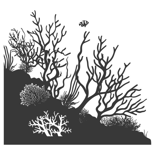 Vettore silhouette impressionante vista sull'oceano rif corallino paesaggio marino solo colore nero