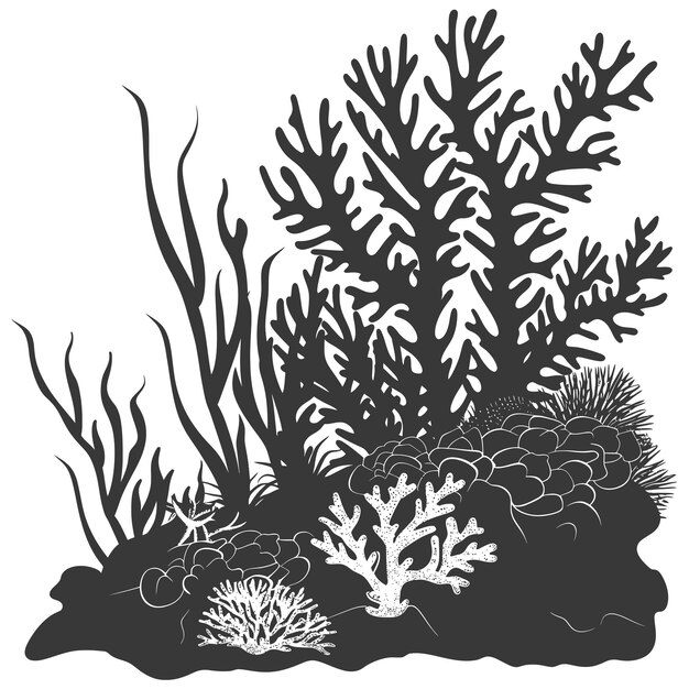 Vector silhouette amazing ocean view coral reef seascape black color only