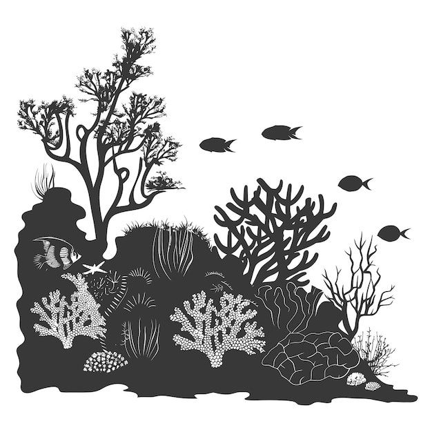 Vector silhouette amazing ocean view coral reef seascape black color only