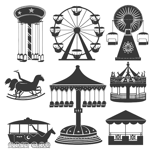 Vettore collezione silhouette amusement park rides set solo in colore nero