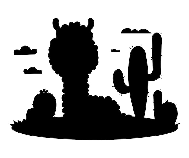 Vector silhouette animal llama alpaca with cacti and clouds black hand drawn vector illustration