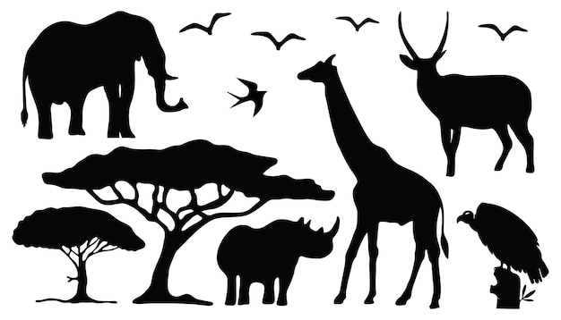 Vector silhouette of animals and trees in the savanna of africa silhouette animals collection