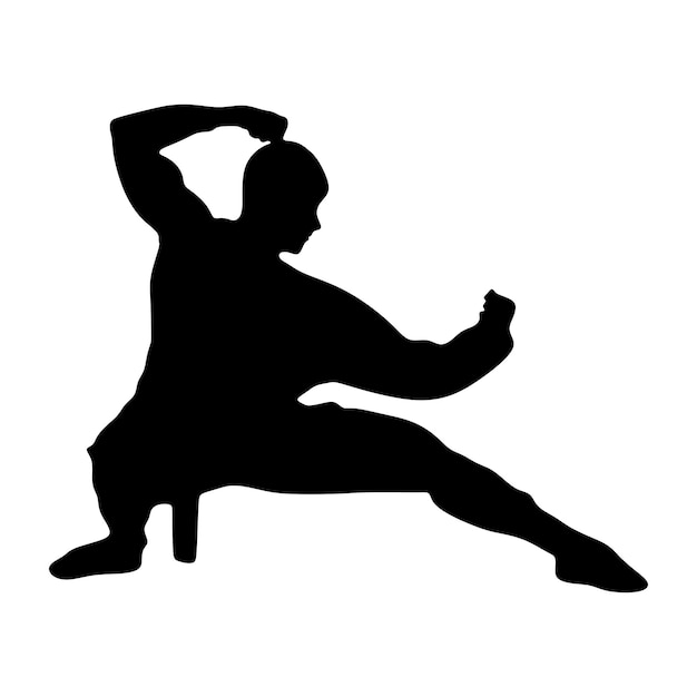 Arte della siluetta di un uomo che dimostra wushu di arti marziali, esercizi di kung fu. illustrazione vettoriale. w