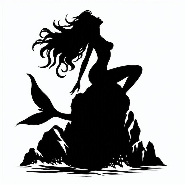 Vector silhouette art mermaid on a rock white back stencil print impressive and visual sticker white background