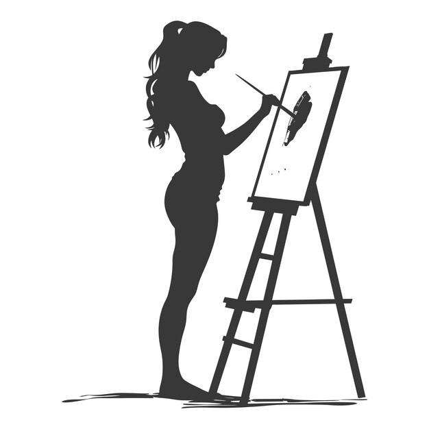 Vector silhouette artist women painting in action black color only