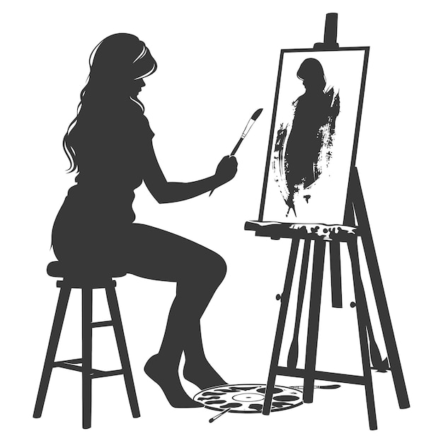 Vector silhouette artist women painting in action black color only