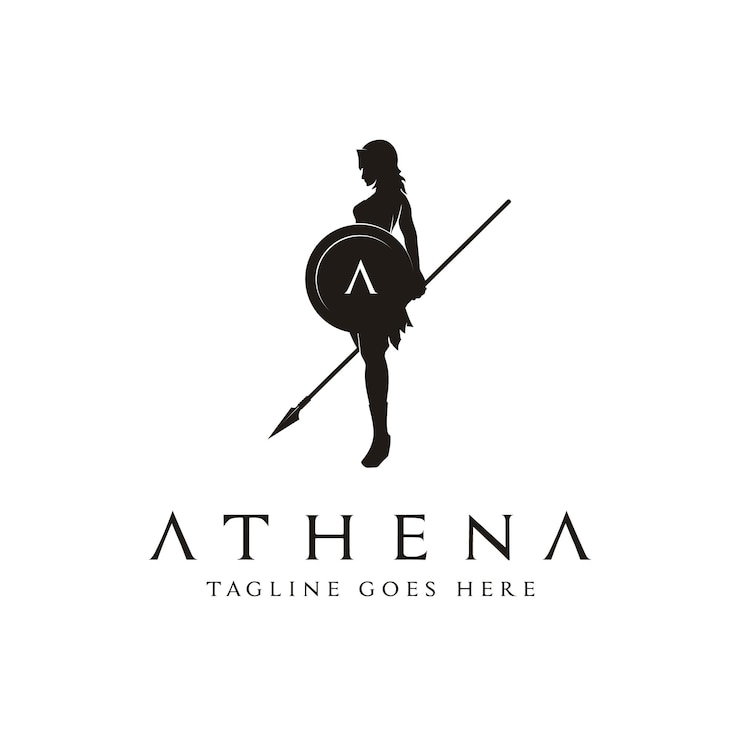 Vector silhouette of athena minerva greek roman goddess with shield and spear the beauty logo design