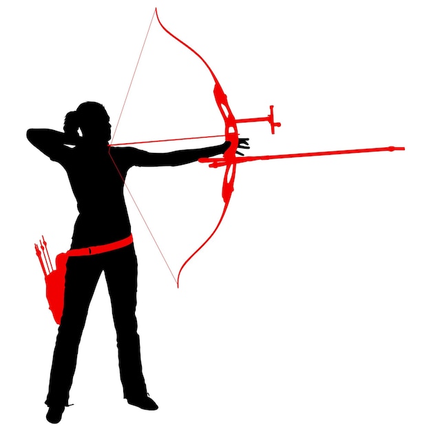Silhouette attractive female archer bending a bow and aiming in the target