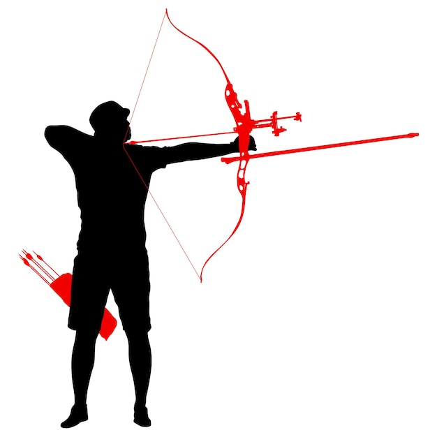 Silhouette attractive male archer bending a bow and aiming in the target